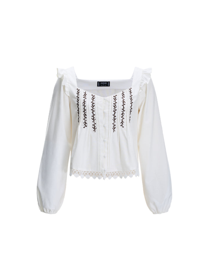 Casual Embroidery Sweetheart Flounce Sleeve Women Blouses