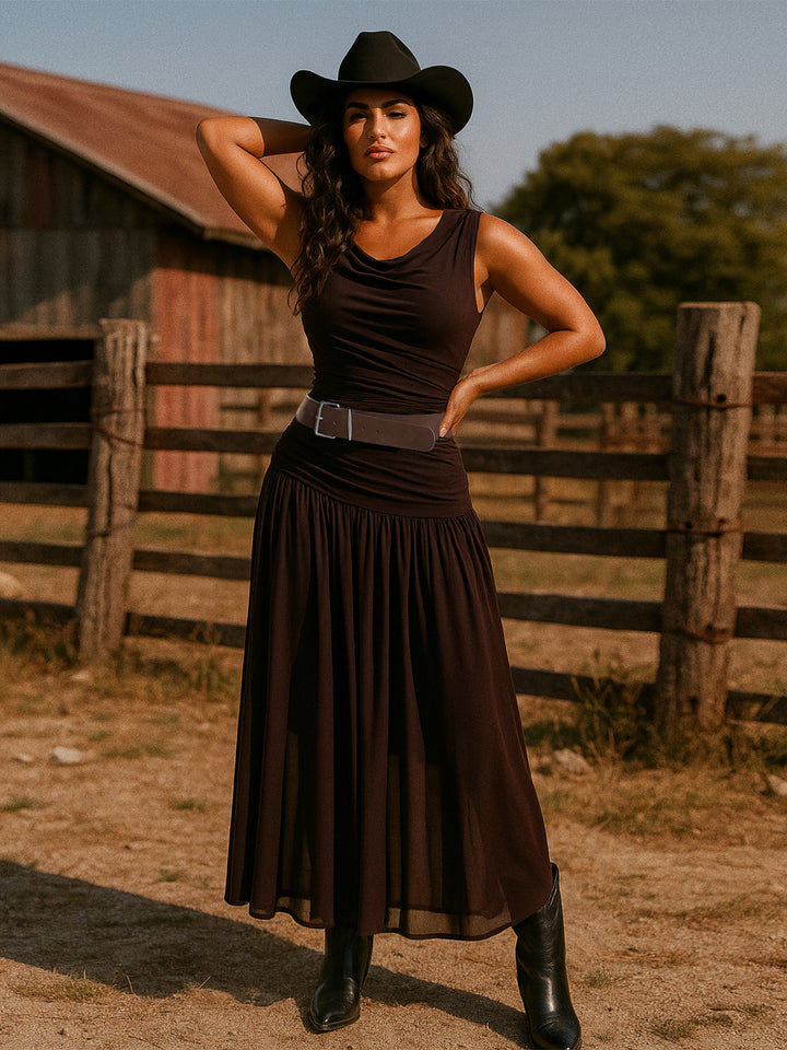 Casual PUL PU Belte de la cubierta asimétrica Twist Thurn-Waist Waist Ruched Maxi Mesh Vestidos