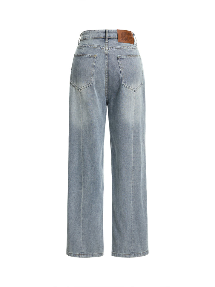 Jeans de mujer larga lavada casual de pierna ancha