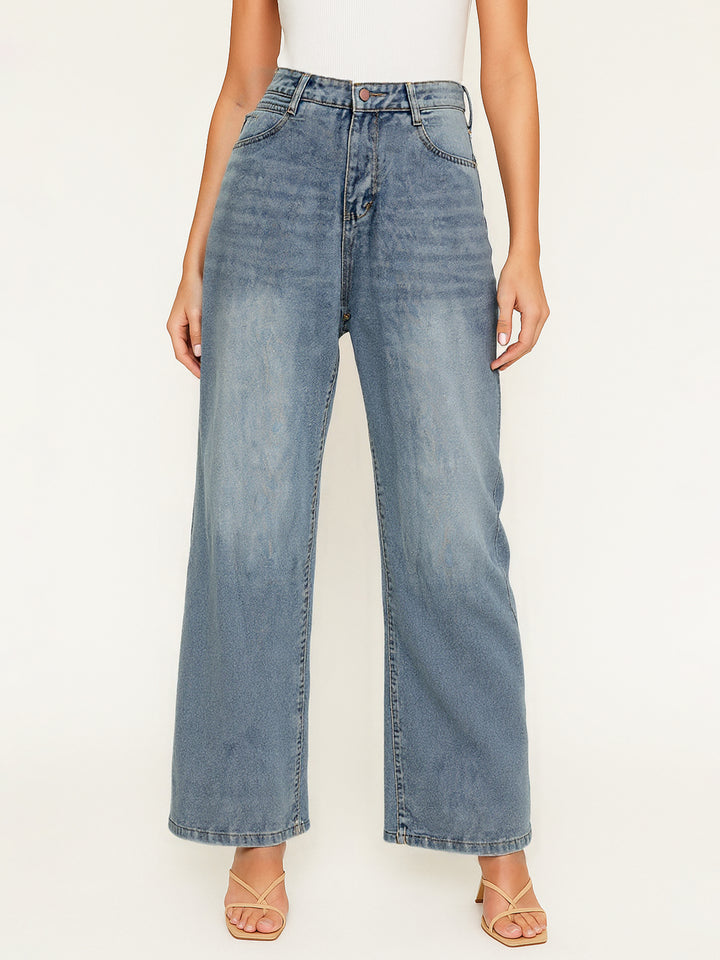 Jeans de mujer larga lavada casual de pierna ancha