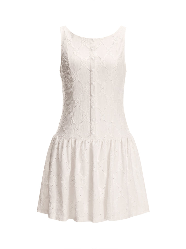 Un botón informal de línea Ruched Ruched Rolfed Round Neck Mini Women Vestido