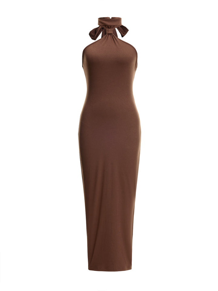 Abito da donna midi a fessura del collo della cavezza annodata.