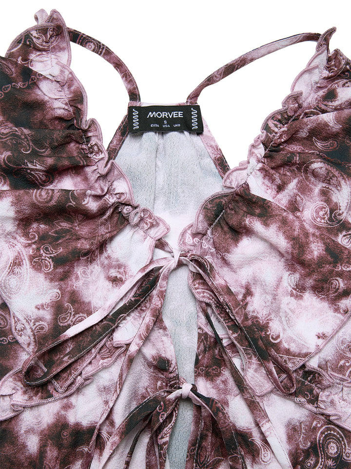 Boho Paisley Tie Dye Lettuce Trim Ruffle V neck  Long Women Tank Tops & Camis