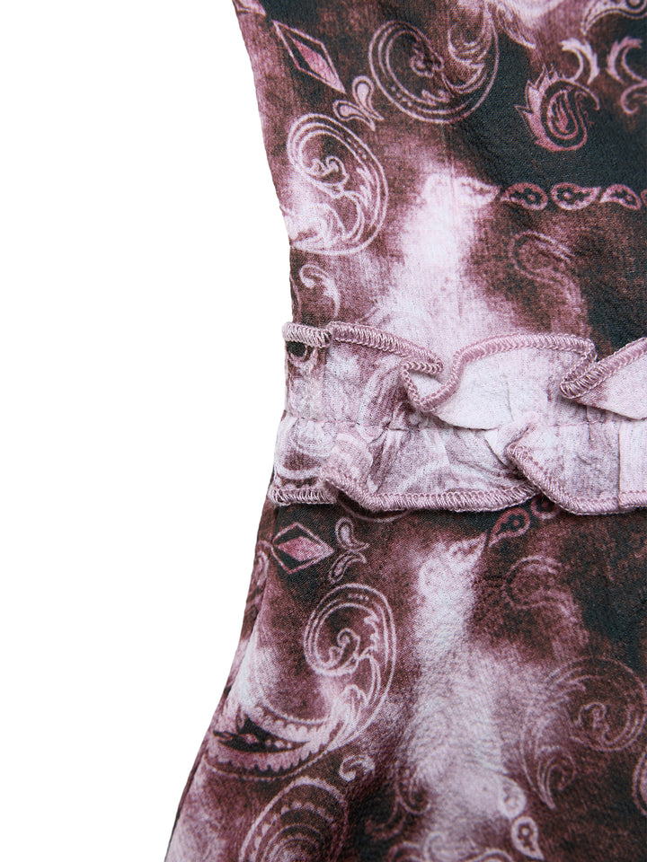 Boho Paisley Tie Dye Lettuce Trim Ruffle V neck  Long Women Tank Tops & Camis