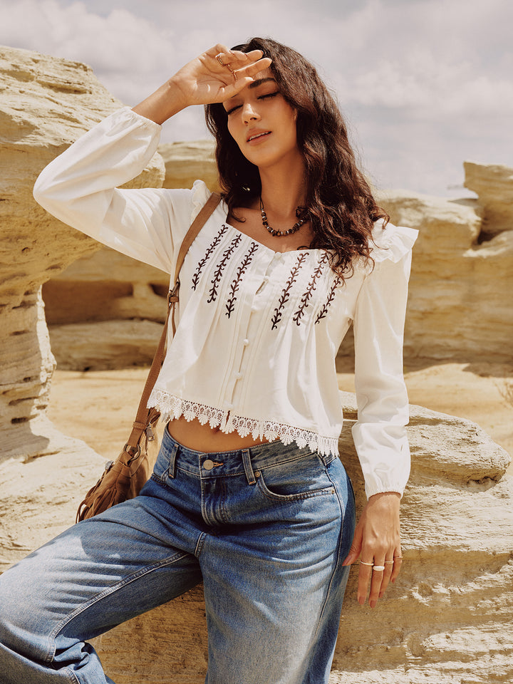 Casual Embroidery Sweetheart Flounce Sleeve Women Blouses