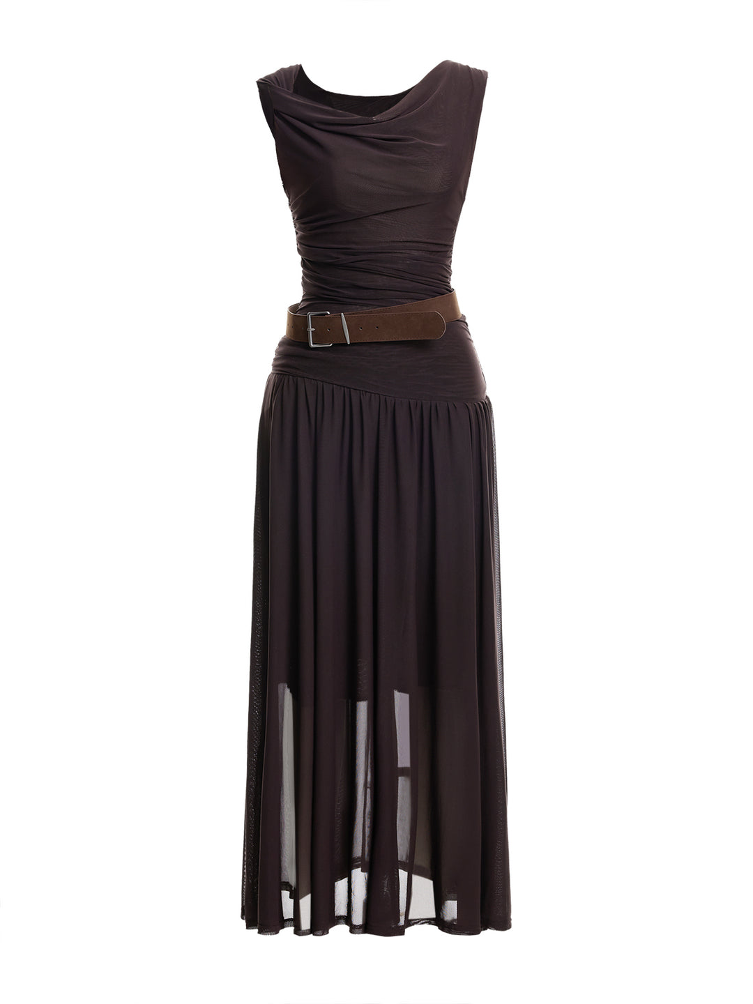 Casual PUL PU Belte de la cubierta asimétrica Twist Thurn-Waist Waist Ruched Maxi Mesh Vestidos