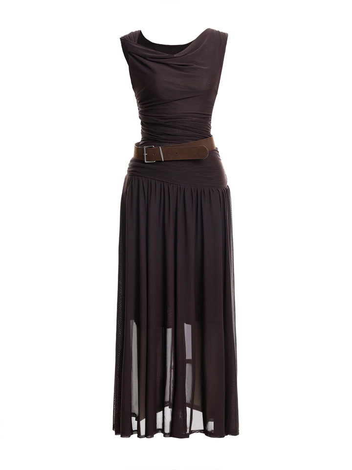Casual PUL PU Belte de la cubierta asimétrica Twist Thurn-Waist Waist Ruched Maxi Mesh Vestidos