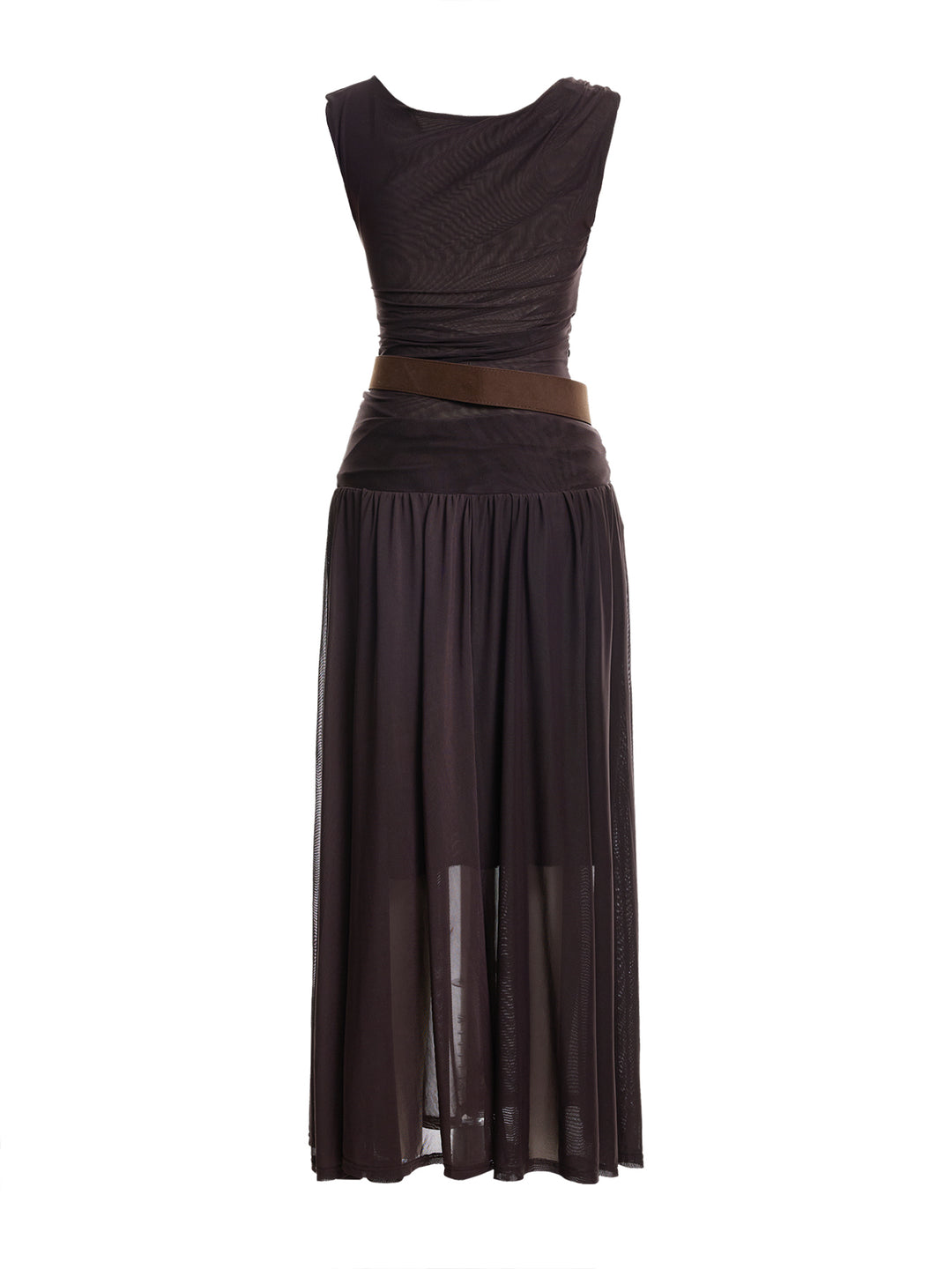 Casual PUL PU Belte de la cubierta asimétrica Twist Thurn-Waist Waist Ruched Maxi Mesh Vestidos