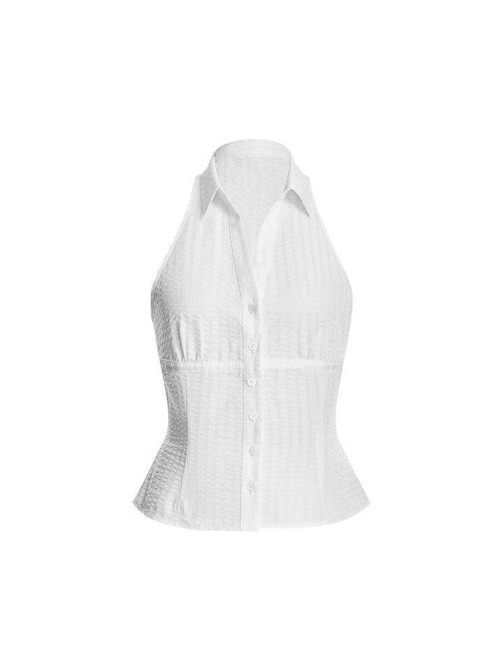 Botón de liso casual Camisa plisada Coloque Blusas sin mangas